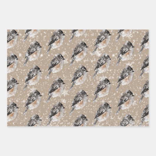 Rustic Kraft Winter Birds Sparrows Chickadees Inpakpapier Vel (Voorkant)