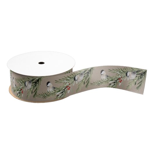 Rustic Kraft Winter Chickadees op Spruce Branch Grosgrain Lint (Spoel)