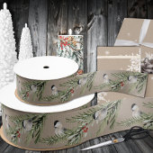 Rustic Kraft Winter Chickadees op Spruce Branch Grosgrain Lint