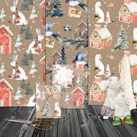 Rustic Kraft Winter Holiday Gift-Giving Animals Inpakpapier Vel
