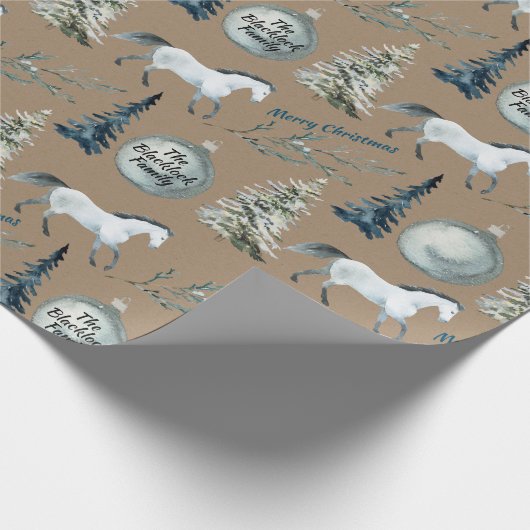 Rustic Kraft Winter Horse Custom Name & Sentic Cadeaupapier (Hoek)