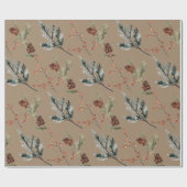 Rustic Kraft Winter Spruce Cones & Berries Matte Cadeaupapier (Vlak)