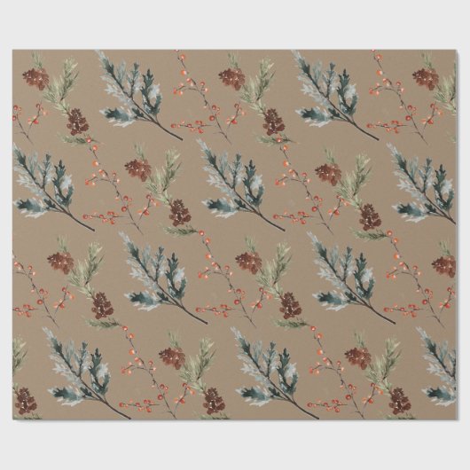 Rustic Kraft Winter Spruce Cones & Berries Matte Cadeaupapier (Vlak)