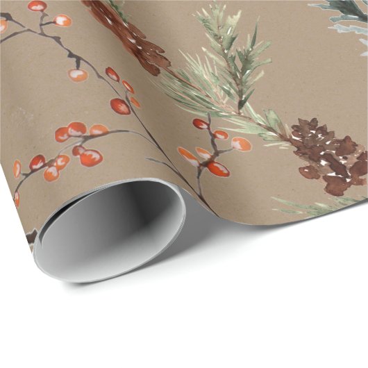 Rustic Kraft Winter Spruce Cones & Berries Matte Cadeaupapier (Rol Hoek)
