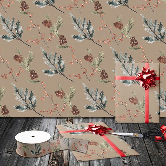 Rustic Kraft Winter Spruce Cones & Berries Matte Cadeaupapier