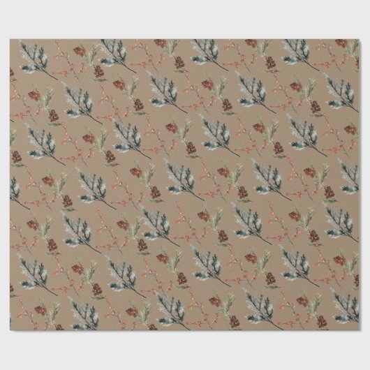 Rustic Kraft Winter Spruce Cones & Berries Matte W Cadeaupapier (Vlak)