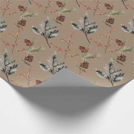 Rustic Kraft Winter Spruce Cones & Berries Matte W Cadeaupapier (Hoek)