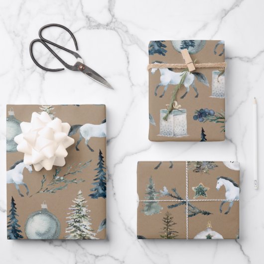 Rustic Kraft Winter White Horse and Blue Spruce Wr Inpakpapier Vel (Voorkant)