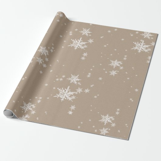 Rustic Kraft Winter White Snowflakes Glossy Cadeaupapier (Uitgerold)