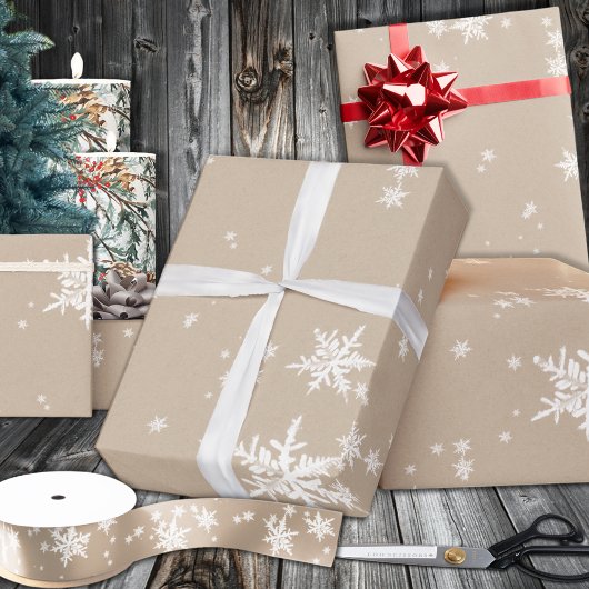 Rustic Kraft Winter White Snowflakes Glossy Cadeaupapier