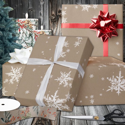 Rustic Kraft Winter White Snowflakes Matte  Cadeaupapier