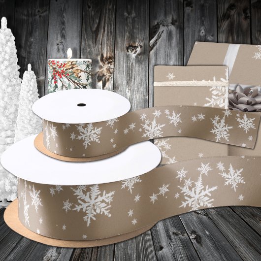 Rustic Kraft Winter White Snowflakes Satijnen Lint