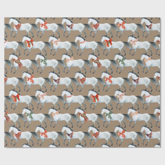 Rustic Kraft Winter Witte Kerst Paarden Cadeaupapier (Vlak)