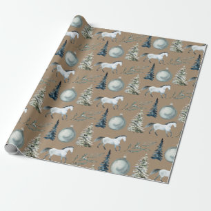 Rustic Kraft Winter Witte Paard & Blauwe Spar Cadeaupapier