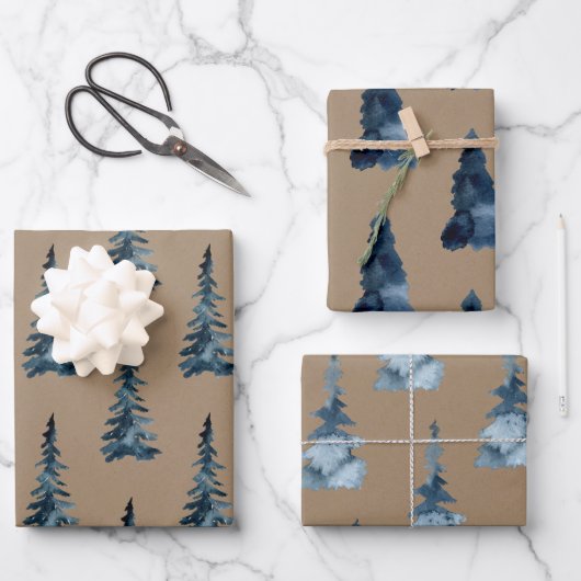 Rustic Kraft Winter Woodland Blue Spruce Trees Inpakpapier Vel (Voorkant)