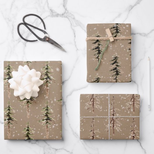 Rustic Kraft Winter Woodland Scraggly SpruceTrees Inpakpapier Vel (Voorkant)