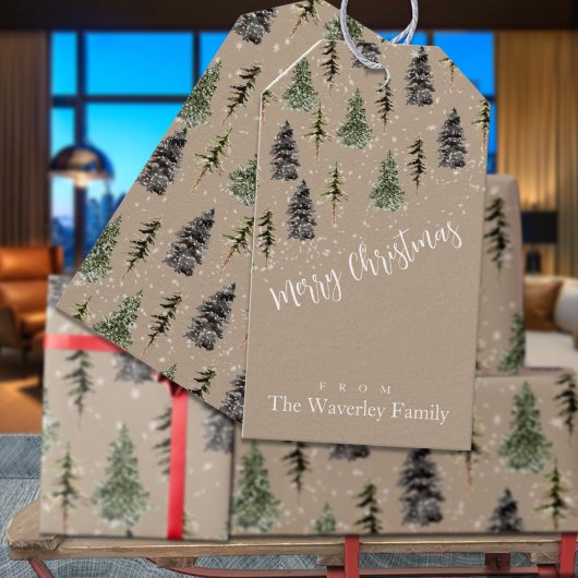 Rustic Kraft Winter Woodland Snowy Spruce Trees Cadeaulabel