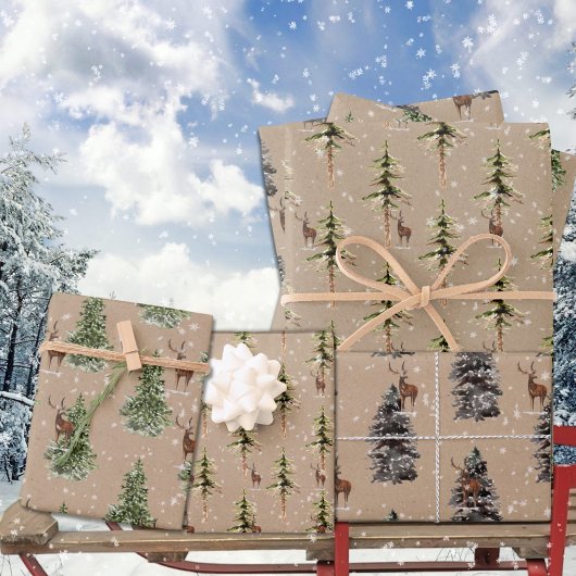 Rustic Kraft Winter Woodland Spruce Tree Reindeer Inpakpapier Vel