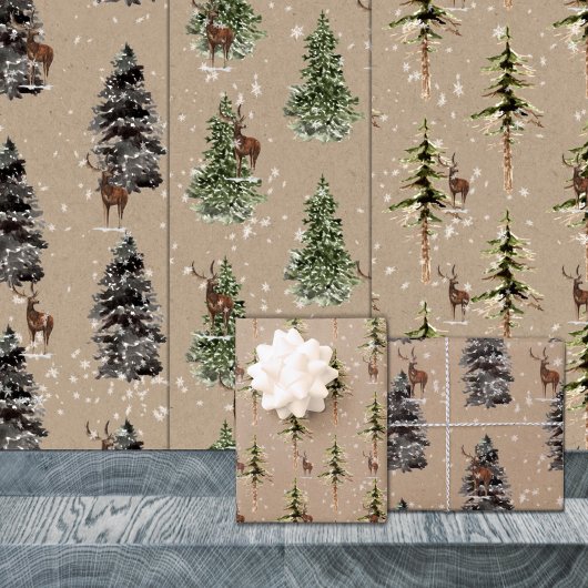 Rustic Kraft Winter Woodland Spruce Tree Reindeer Inpakpapier Vel