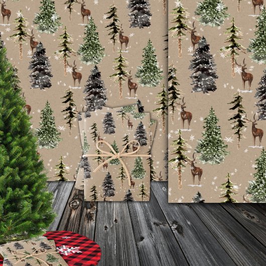 Rustic Kraft Winter Woodland Spruce Trees & Deer Cadeaupapier