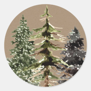 Rustic Kraft Winter Woodland Spruce Trees Ronde Sticker