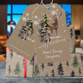 Rustic Kraft Winter Woodland Stag Merry Kerstmis Cadeaulabel