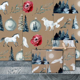 Rustic Kraft Winter Woodland White Horse Fox & Owl Inpakpapier Vel