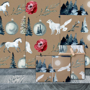 Rustic Kraft Winter Woodland White Horse Fox & Owl Inpakpapier Vel
