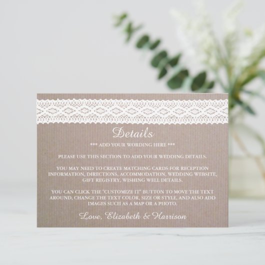Rustic Kraft &  Wit Wondenhuwelijk Detail Informatiekaartje (Staand voorkant)