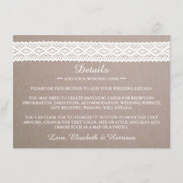 Rustic Kraft &  Wit Wondenhuwelijk Detail Informatiekaartje