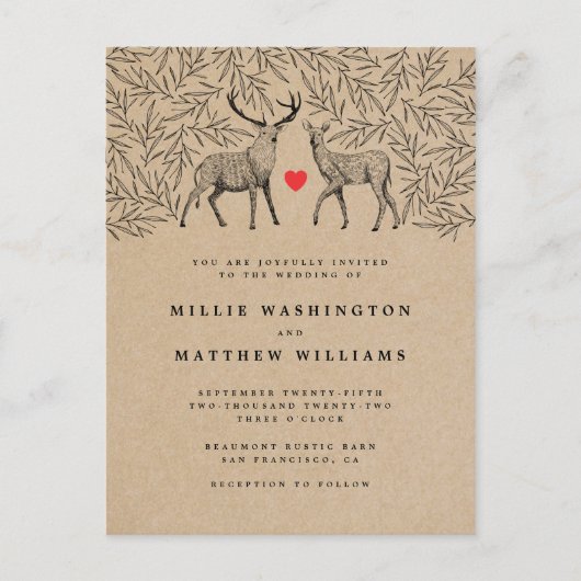 Rustic Kraft Woodland Buck & Doe Botanical Wedding Uitnodiging Briefkaart (Voorkant)