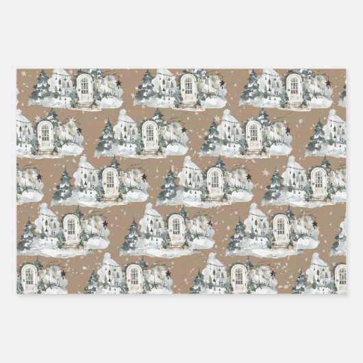 Rustic Kraft Woodland Winter Chalet House Scenes Inpakpapier Vel (Voorkant 3)