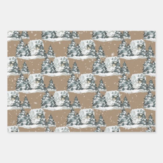 Rustic Kraft Woodland Winter Chalet House Scenes Inpakpapier Vel (Voorkant 2)