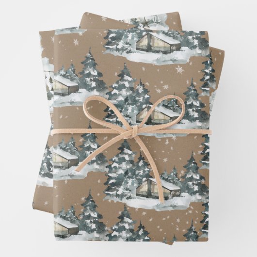 Rustic Kraft Woodland Winter Chalet House Scenes Inpakpapier Vel (In situ)