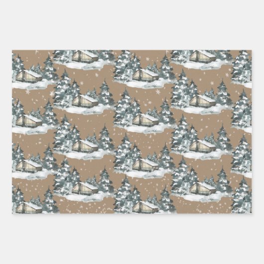 Rustic Kraft Woodland Winter Chalet House Scenes Inpakpapier Vel (Voorkant)