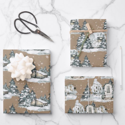 Rustic Kraft Woodland Winter Chalet House Scenes Inpakpapier Vel (Voorkant)