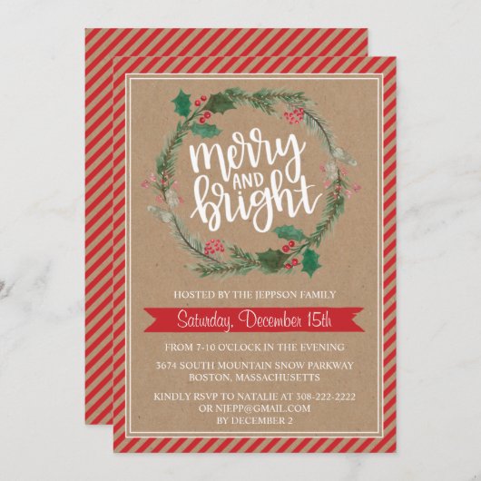 Rustic Kraft Wreath Kerstfeestelijke uitnodiging (Voorkant / Achterkant)