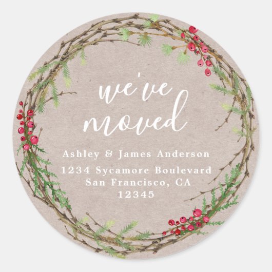 Rustic Kraft Wreath We’ve Moved Address Ronde Sticker (Voorkant)