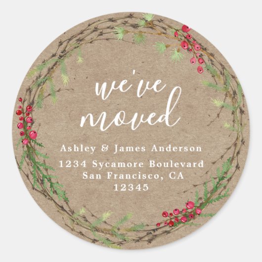 Rustic Kraft Wreath We’ve Moved Address Ronde Sticker (Voorkant)