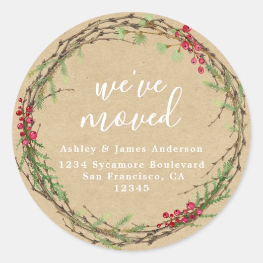 Rustic Kraft Wreath We’ve Moved Address Ronde Sticker (Voorkant)