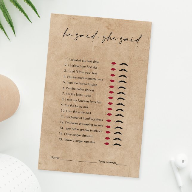 Rustic Kraft zei dat ze Vrijgezellenfeest spel zei (rustic kraft he said she said bridal shower game)