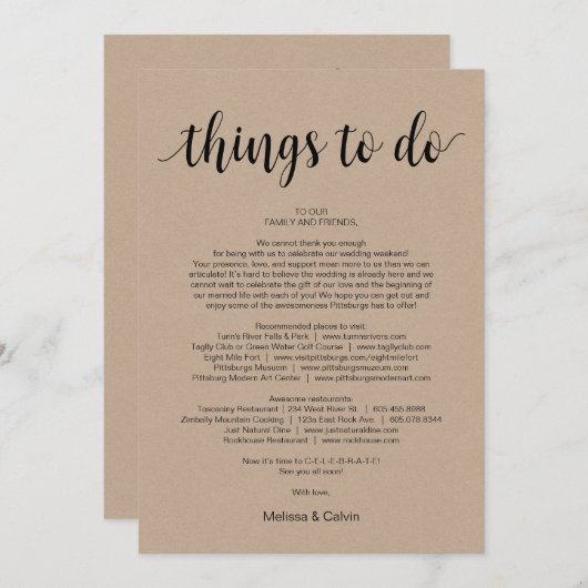 Rustic Kraft, Zwart, Dingen om te doen, Reisschema Programmakaart (Voorkant / Achterkant)