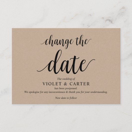 Rustic Kraft, Zwart, Huwelijk uitgesteld, Bewerkba Informatiekaartje (Voorkant)