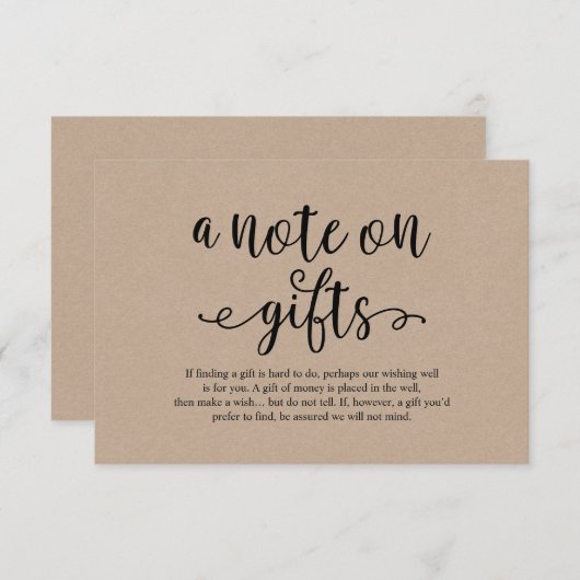 Rustic kraft zwart script, A note on gifts Informatiekaartje (Voorkant / Achterkant)