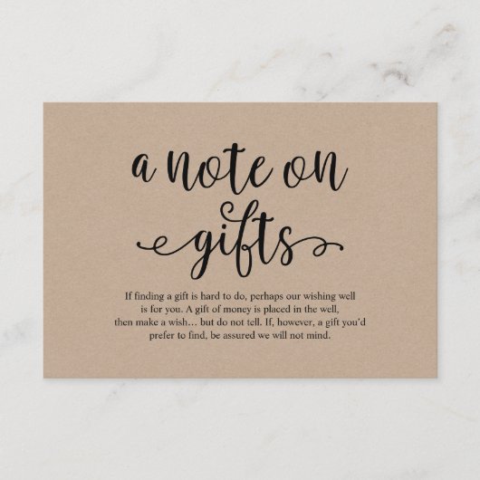 Rustic kraft zwart script, A note on gifts Informatiekaartje (Voorkant)