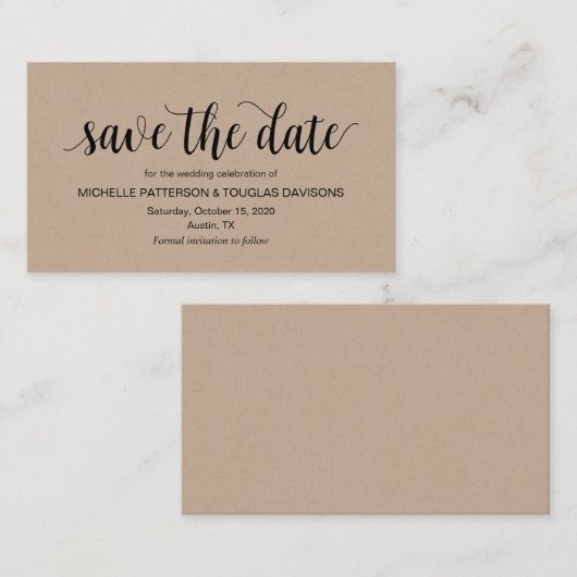Rustic Kraft, zwart script, bruiloft Opslaan datum Informatiekaartje (Voorkant / Achterkant)