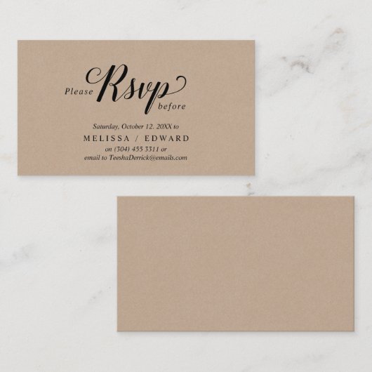 Rustic Kraft, zwart script, RSVP reageren Informatiekaartje (Voorkant / Achterkant)
