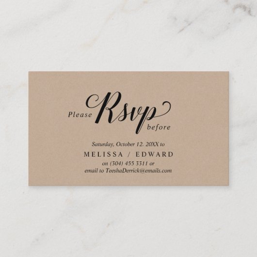 Rustic Kraft, zwart script, RSVP reageren Informatiekaartje (Voorkant)