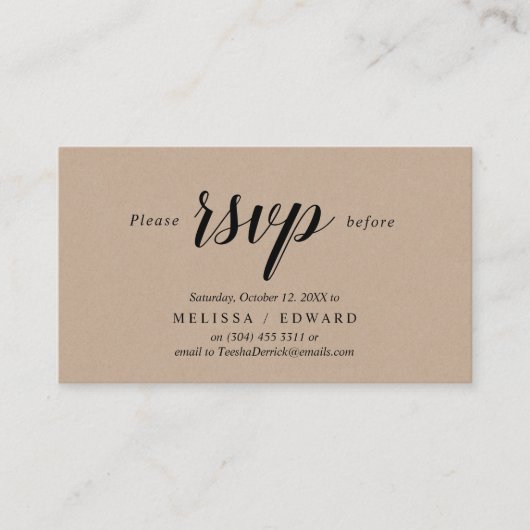 Rustic Kraft, zwart script, RSVP reageren Informatiekaartje (Voorkant)