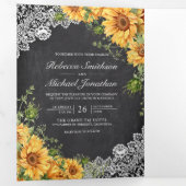 Rustic krijtbord kantwerk zonnebloemen QR-code bru Drieluik Uitnodiging (Binnenzijde eerst)